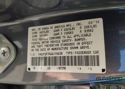 2010 Honda Accord 2.4 Ex from USA, damaged, VIN 1HGCP2F7XAA116439